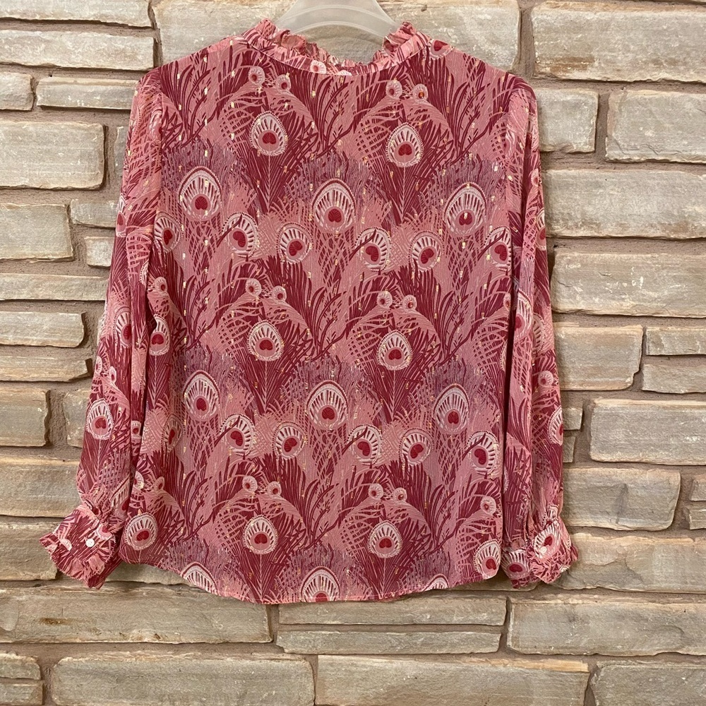 Talbots Women Pink Peacock Feathers Top Ruffle Blouse Size L - Picture 14 of 14